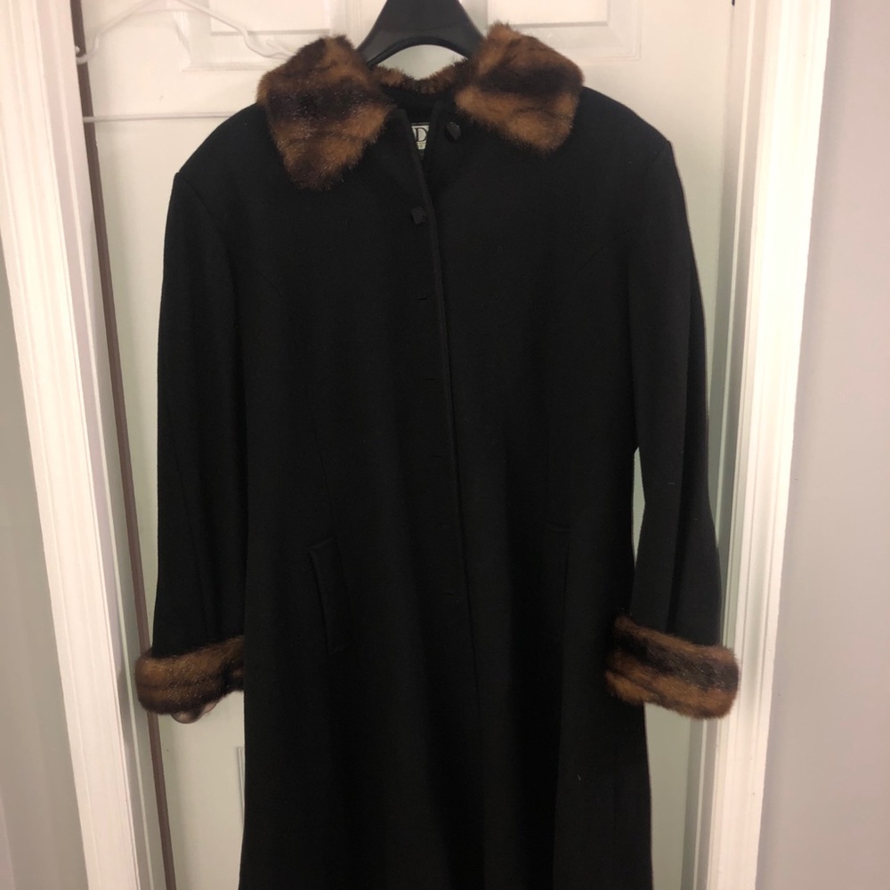 Women’s Black Wool Dress Coat with Faux Fur Trim